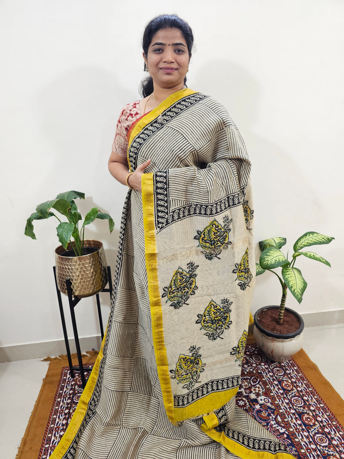 Maheshwari Silk Cotton Hand Block Printed Saree - Cream with Yellow