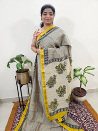 Maheshwari Silk Cotton Hand Block Printed Saree - Cream with Yellow