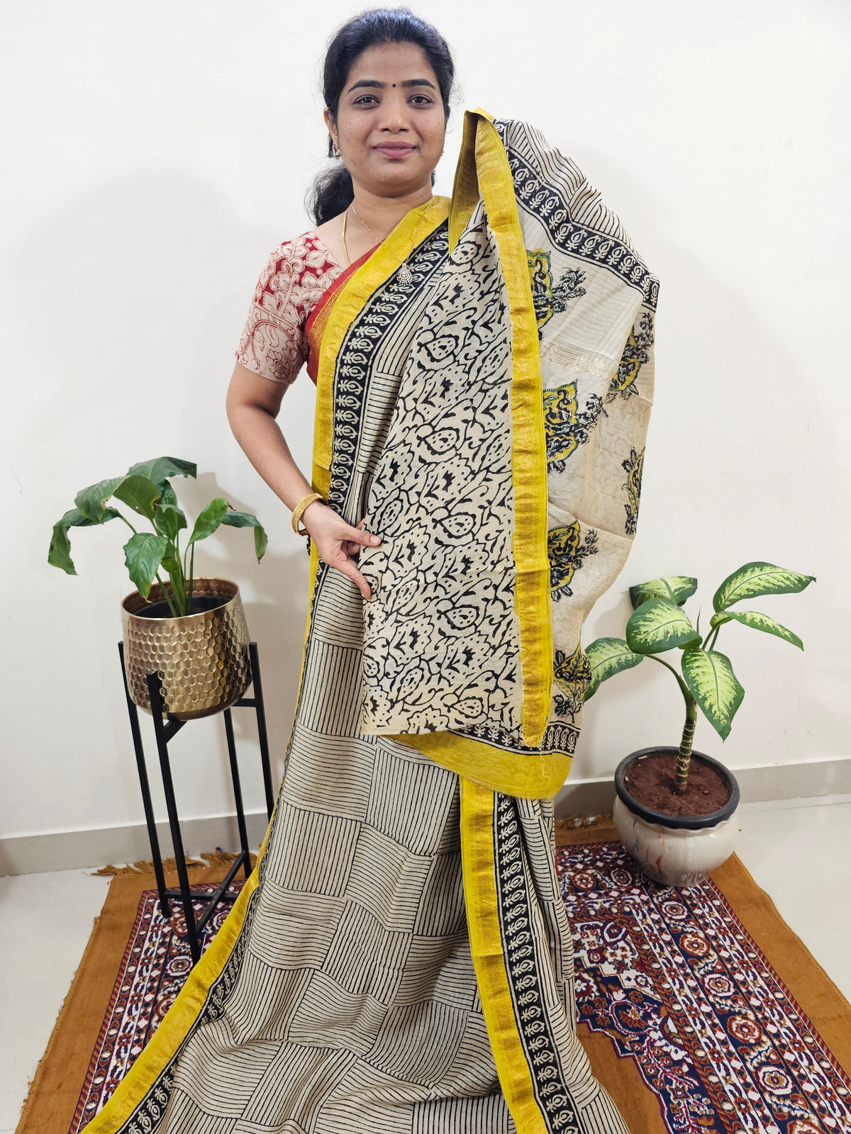 Maheshwari Silk Cotton Hand Block Printed Saree - Cream with Yellow