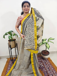 Maheshwari Silk Cotton Hand Block Printed Saree - Cream with Yellow
