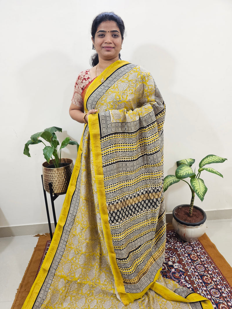 Maheshwari Silk Cotton Hand Block Printed Saree - Yellow