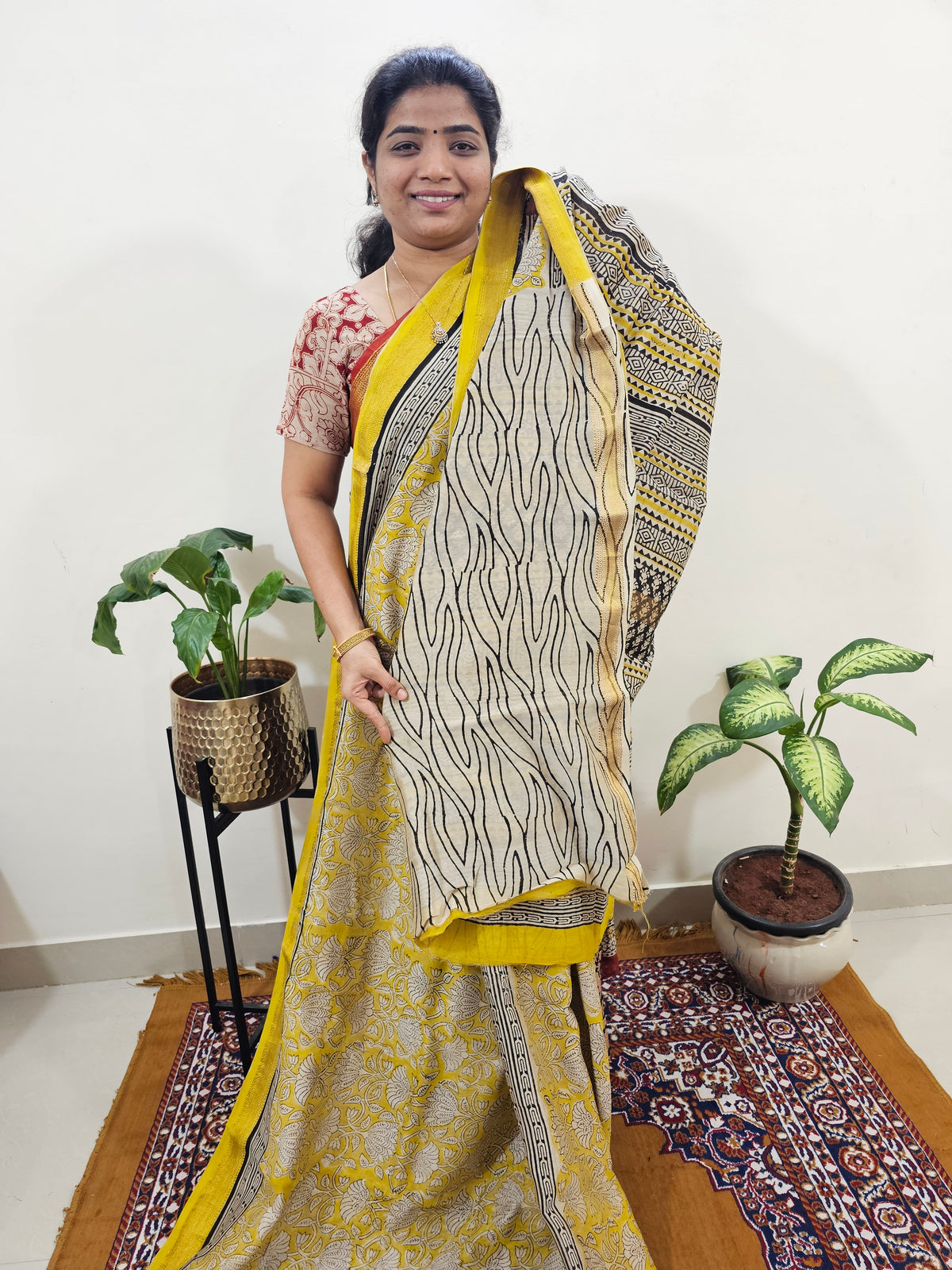 Maheshwari Silk Cotton Hand Block Printed Saree - Yellow