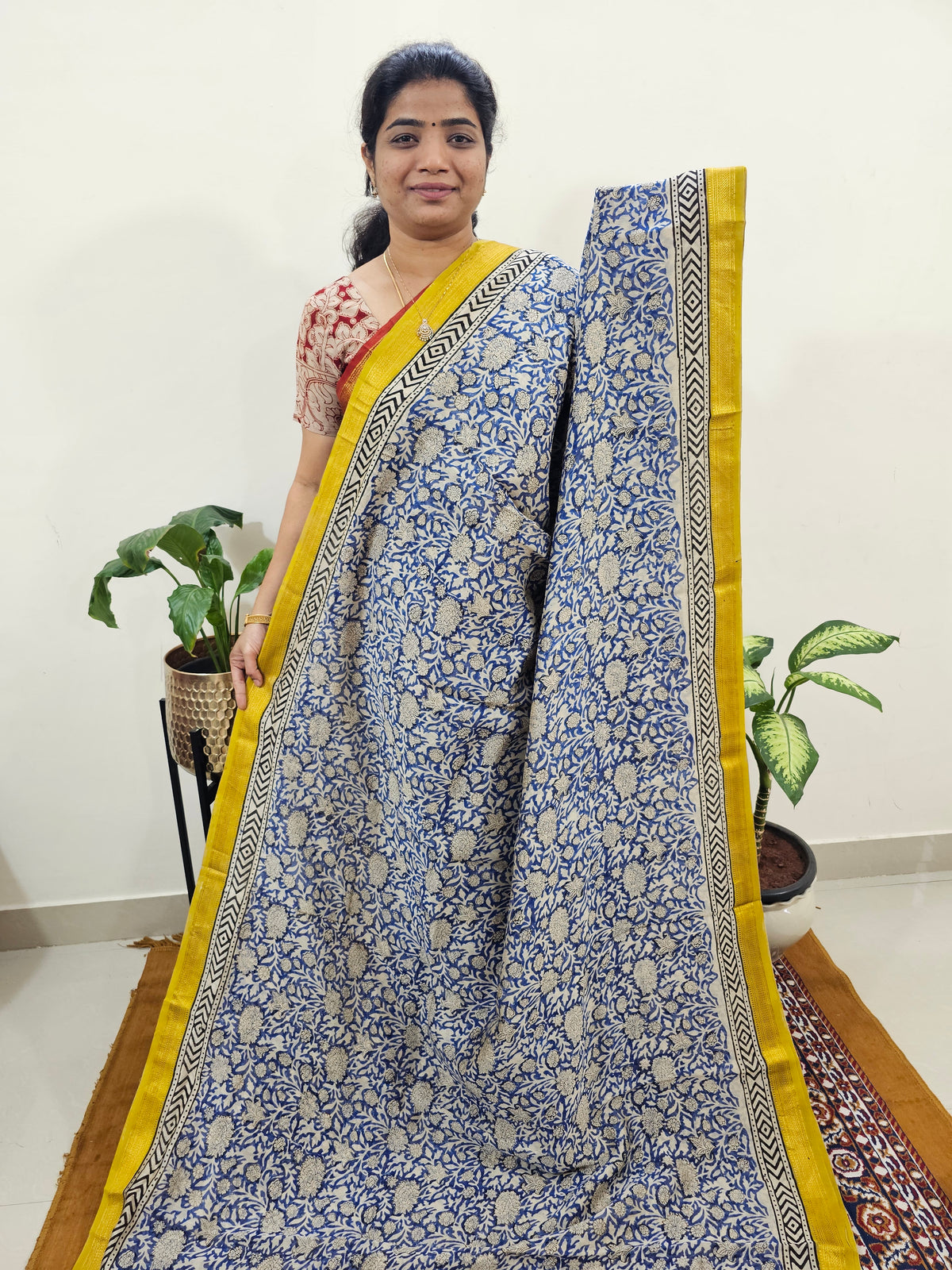 Maheshwari Silk Cotton Hand Block Printed Saree - Blue with Yellow