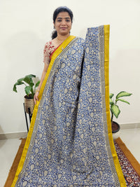 Maheshwari Silk Cotton Hand Block Printed Saree - Blue with Yellow