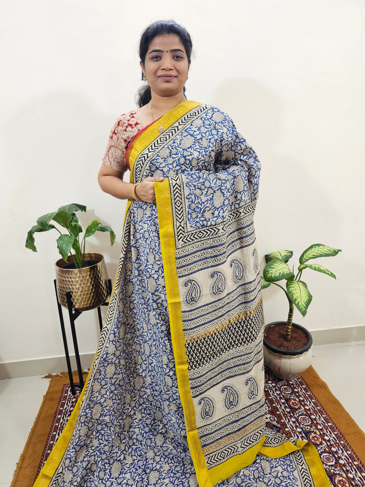 Maheshwari Silk Cotton Hand Block Printed Saree - Blue with Yellow