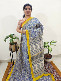 Maheshwari Silk Cotton Hand Block Printed Saree - Blue with Yellow