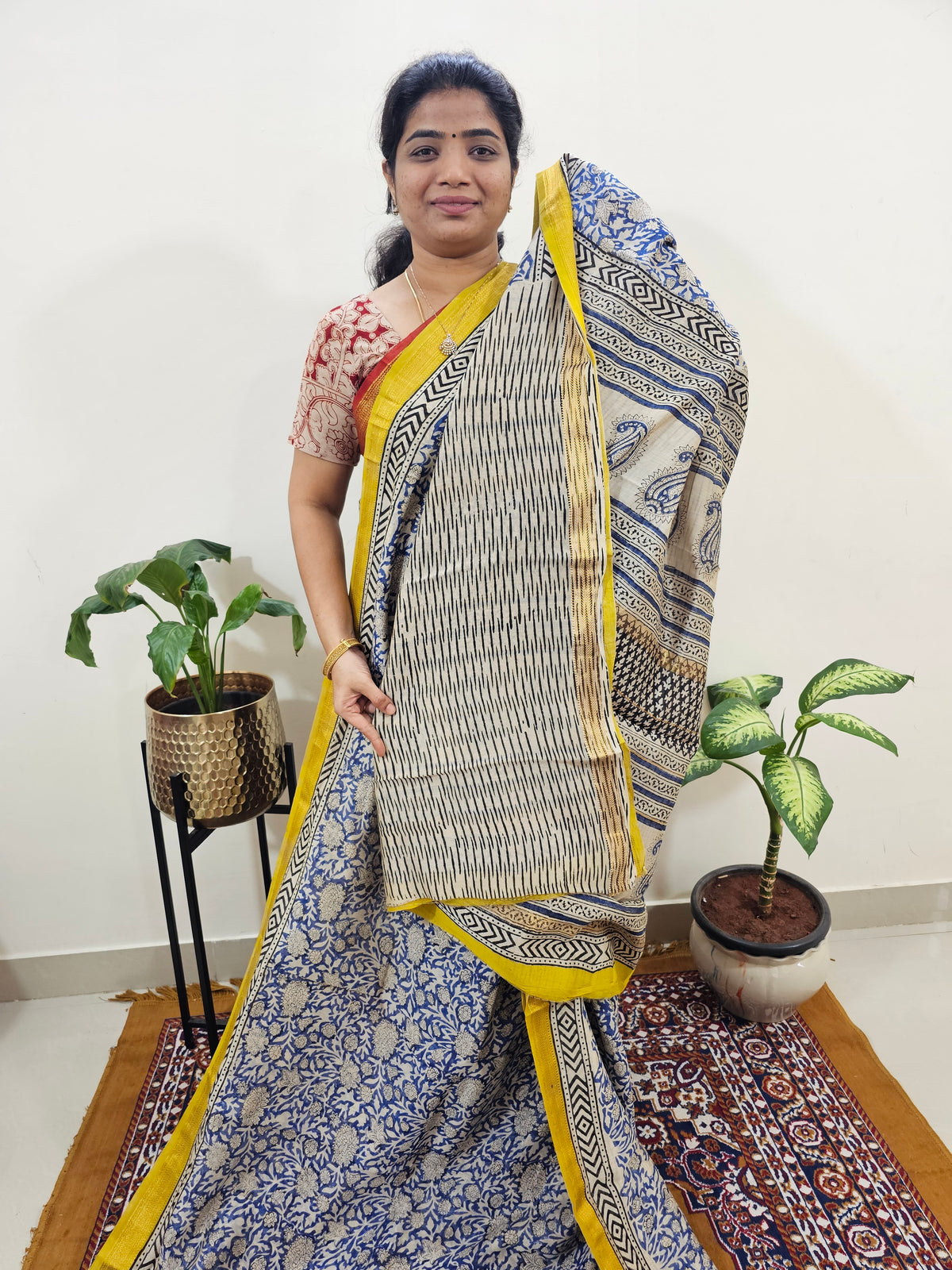 Maheshwari Silk Cotton Hand Block Printed Saree - Blue with Yellow