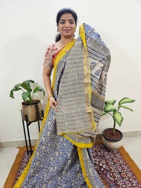 Maheshwari Silk Cotton Hand Block Printed Saree - Blue with Yellow