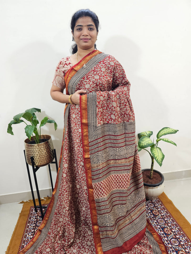 Maheshwari Silk Cotton Hand Block Printed Saree - Red