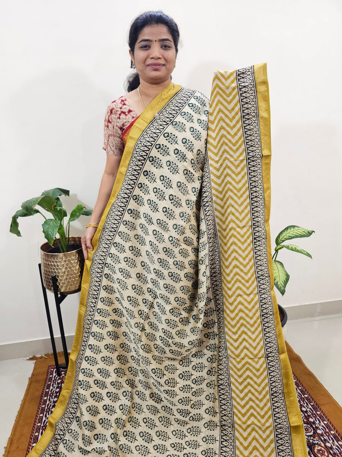 Maheshwari Silk Cotton Hand Block Printed Saree - Cream with Yellow