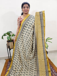 Maheshwari Silk Cotton Hand Block Printed Saree - Cream with Yellow