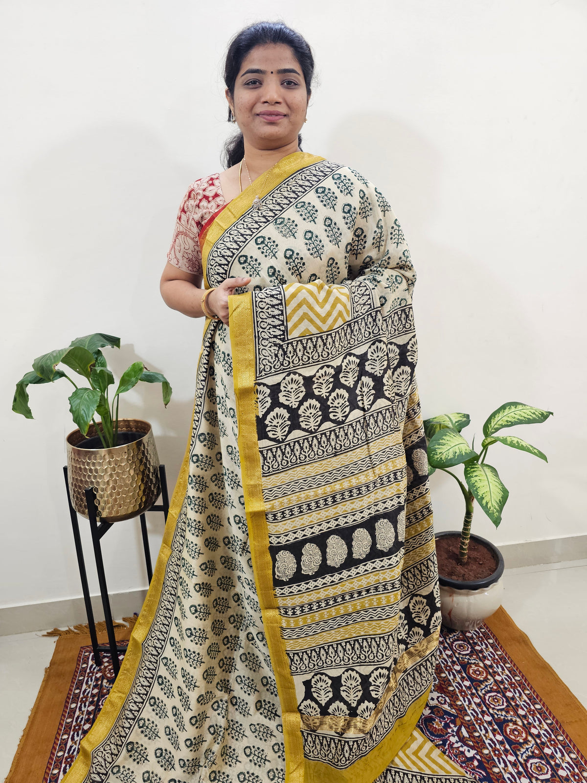 Maheshwari Silk Cotton Hand Block Printed Saree - Cream with Yellow