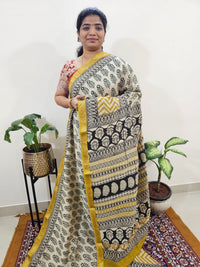 Maheshwari Silk Cotton Hand Block Printed Saree - Cream with Yellow