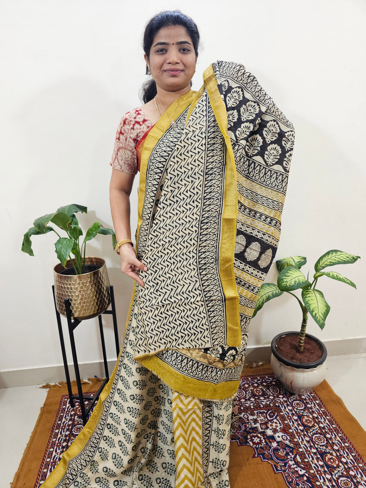 Maheshwari Silk Cotton Hand Block Printed Saree - Cream with Yellow