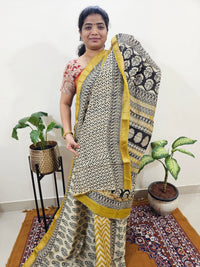 Maheshwari Silk Cotton Hand Block Printed Saree - Cream with Yellow