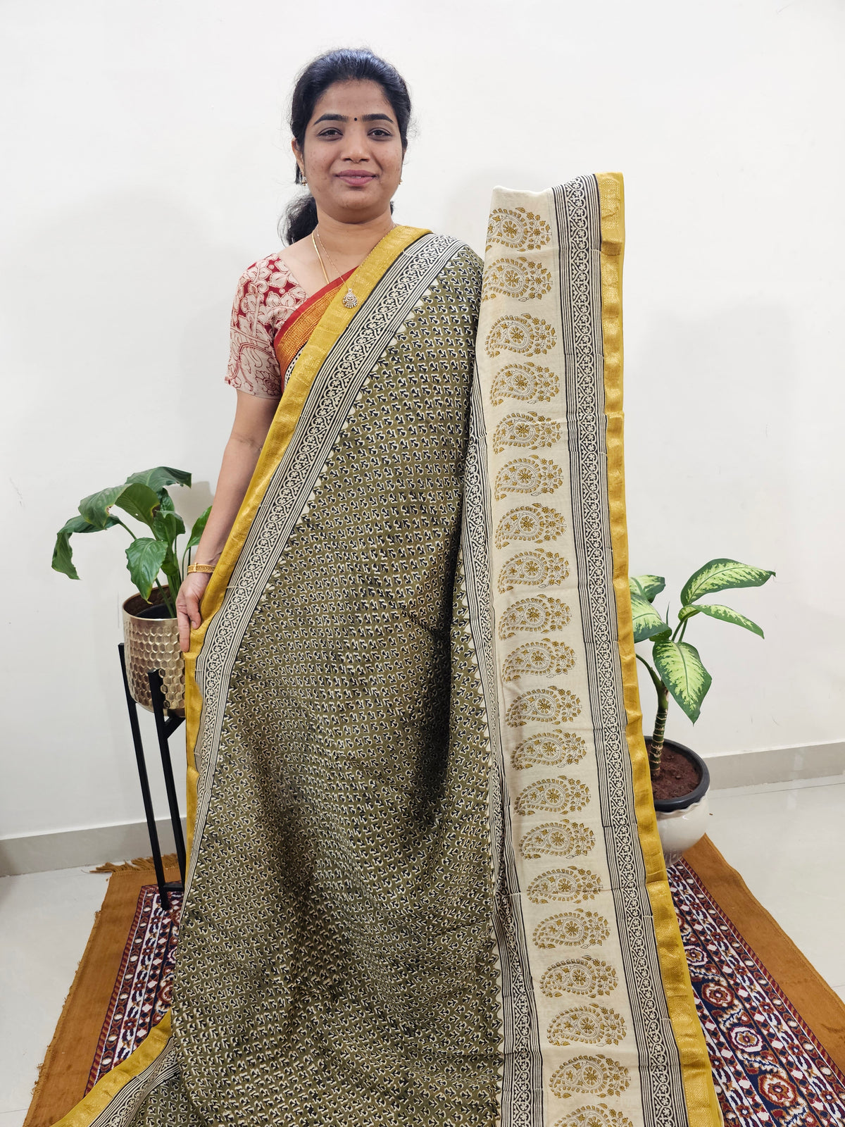 Maheshwari Silk Cotton Hand Block Printed Saree - Green with Yellow