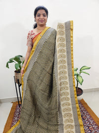 Maheshwari Silk Cotton Hand Block Printed Saree - Green with Yellow