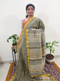 Maheshwari Silk Cotton Hand Block Printed Saree - Green with Yellow