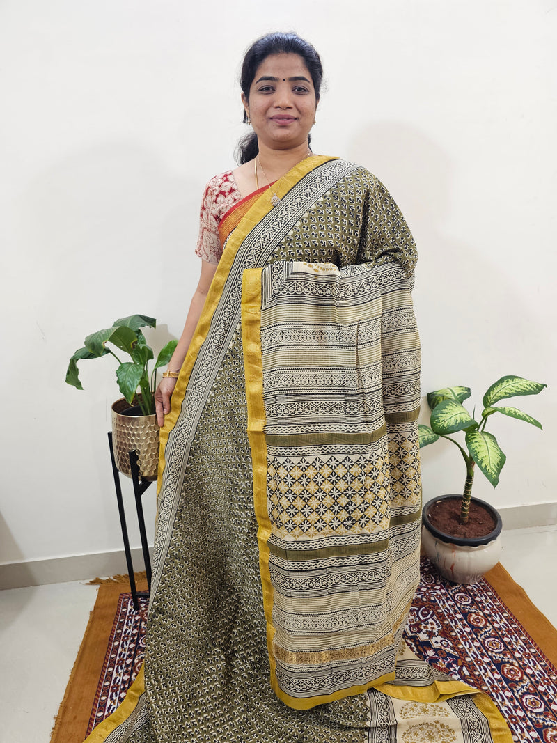 Maheshwari Silk Cotton Hand Block Printed Saree - Green with Yellow