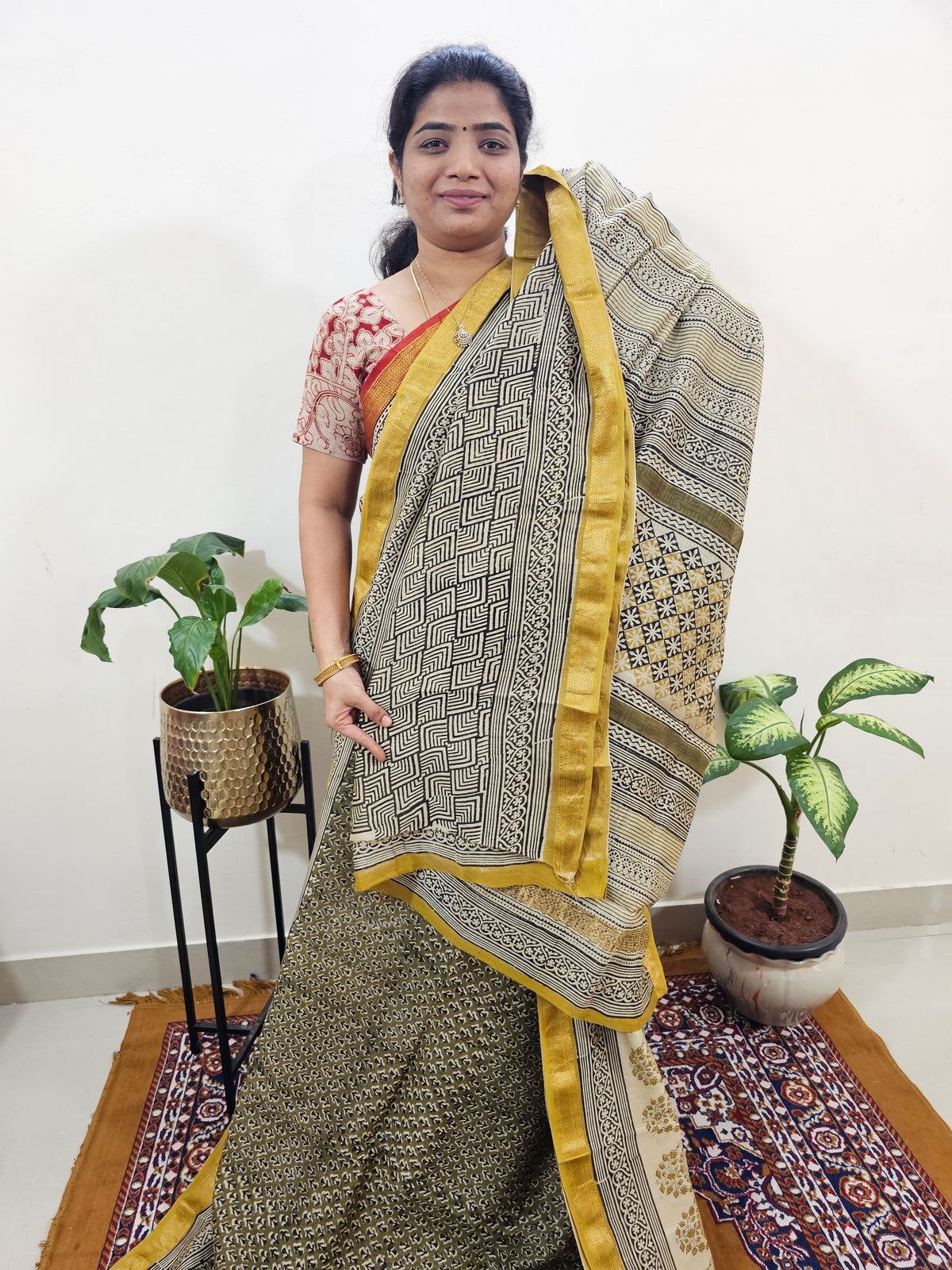 Maheshwari Silk Cotton Hand Block Printed Saree - Green with Yellow