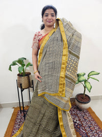 Maheshwari Silk Cotton Hand Block Printed Saree - Green with Yellow