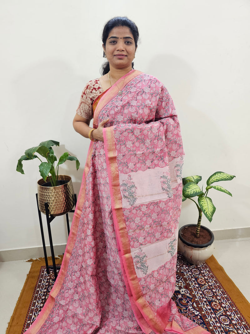 Maheshwari Silk Cotton Hand Block Printed Saree - Pink