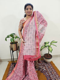 Maheshwari Silk Cotton Hand Block Printed Saree - Pink