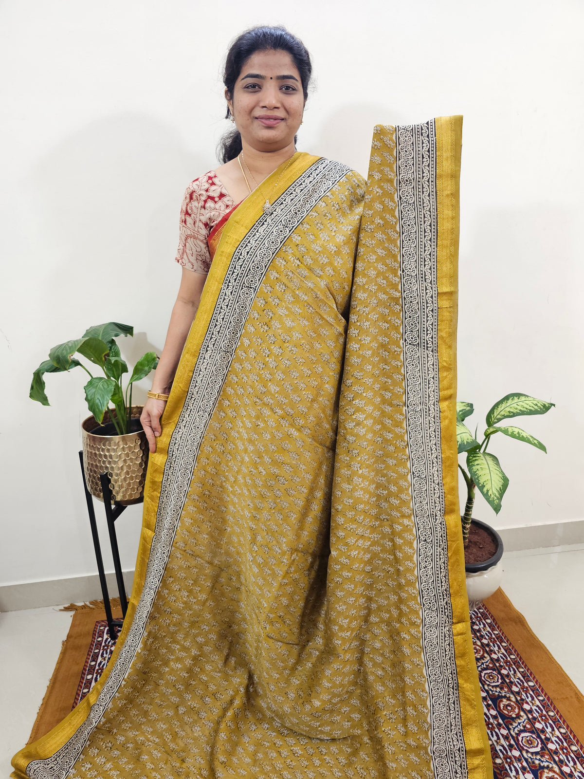 Maheshwari Silk Cotton Hand Block Printed Saree - Mustard Yellow