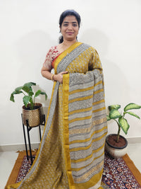 Maheshwari Silk Cotton Hand Block Printed Saree - Mustard Yellow