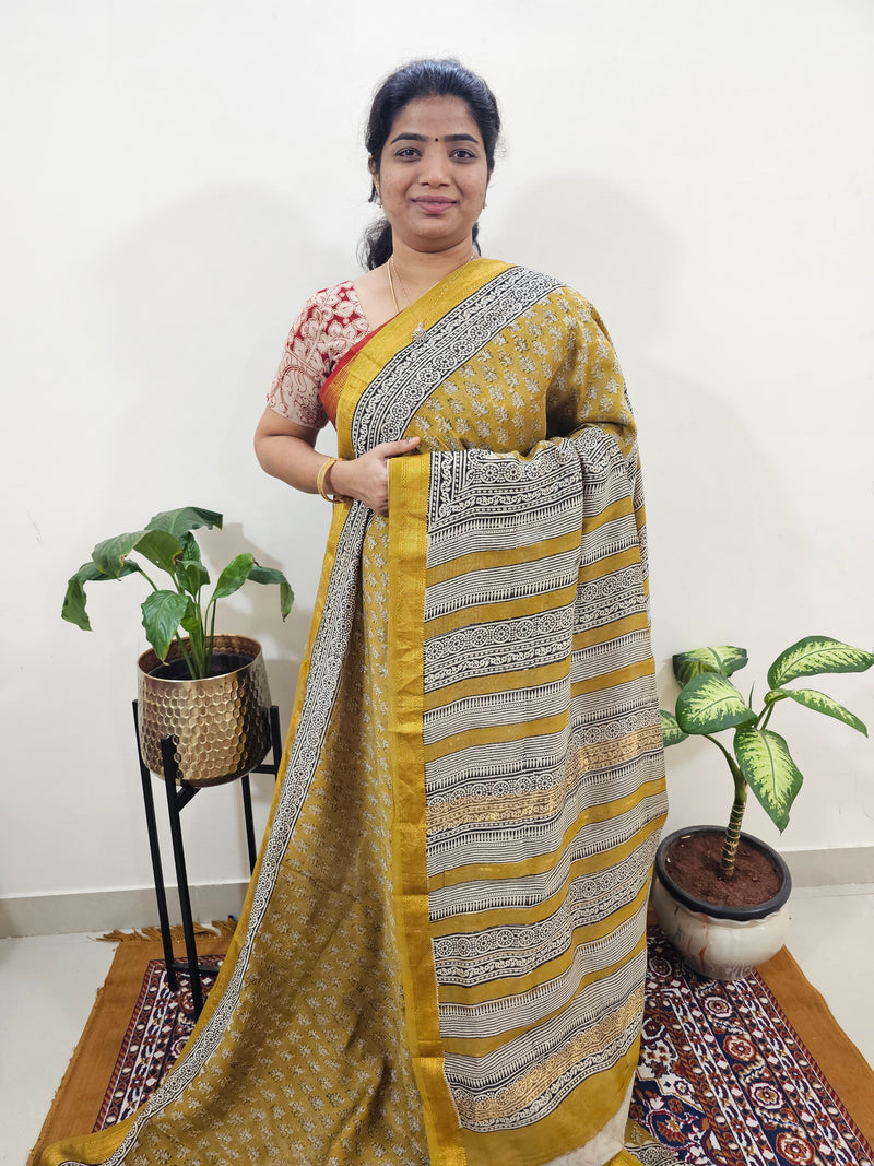 Maheshwari Silk Cotton Hand Block Printed Saree - Mustard Yellow
