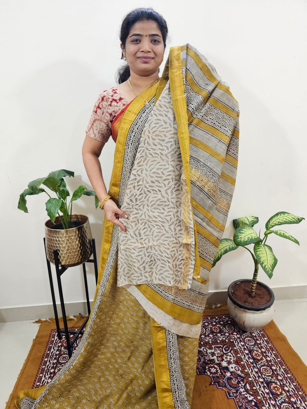 Maheshwari Silk Cotton Hand Block Printed Saree - Mustard Yellow