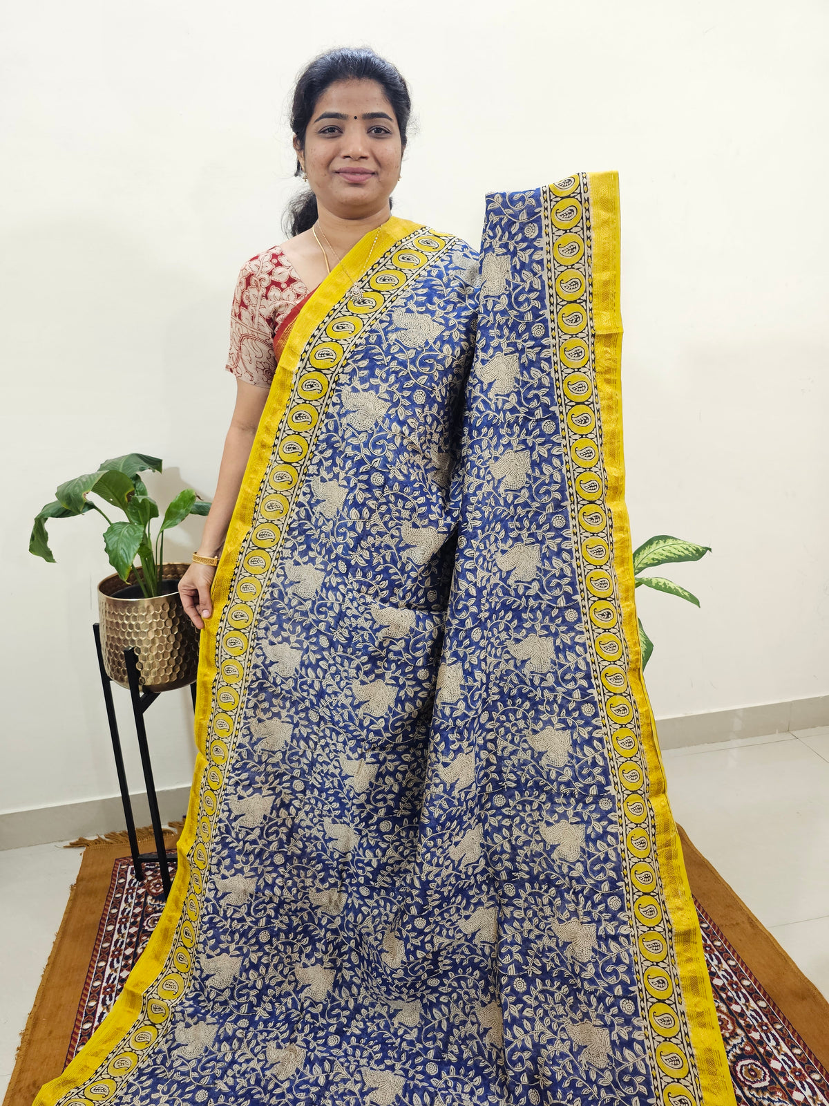 Maheshwari Silk Cotton Hand Block Printed Saree - Blue with Yellow