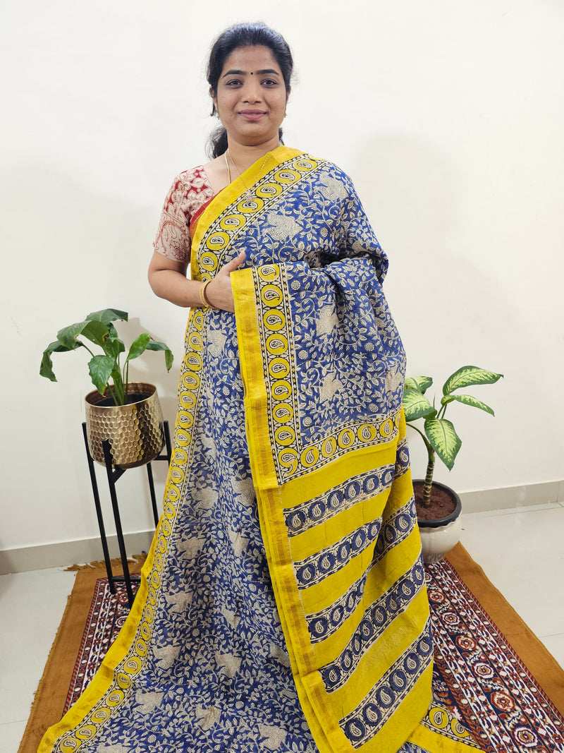 Maheshwari Silk Cotton Hand Block Printed Saree - Blue with Yellow