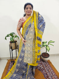 Maheshwari Silk Cotton Hand Block Printed Saree - Blue with Yellow