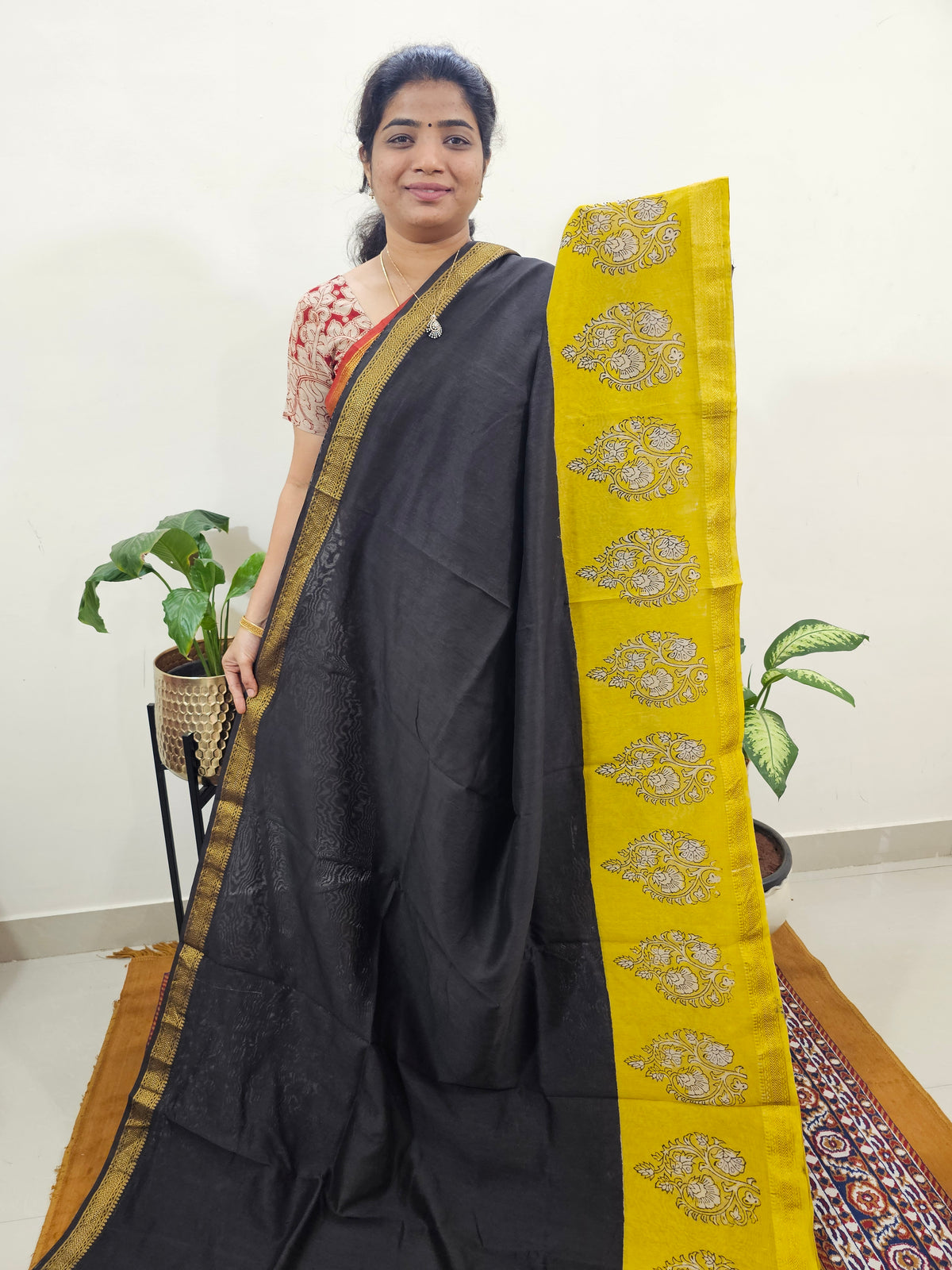 Maheshwari Silk Cotton Hand Block Printed Saree - Black with Yellow