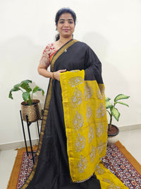 Maheshwari Silk Cotton Hand Block Printed Saree - Black with Yellow