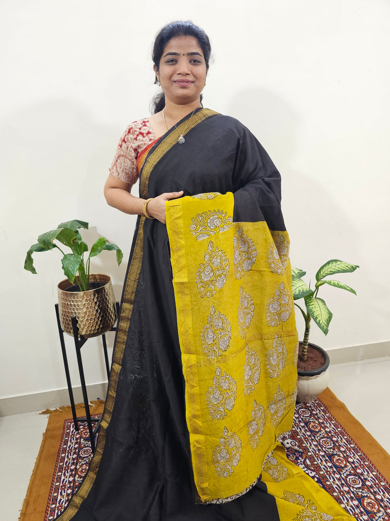 Maheshwari Silk Cotton Hand Block Printed Saree - Black with Yellow