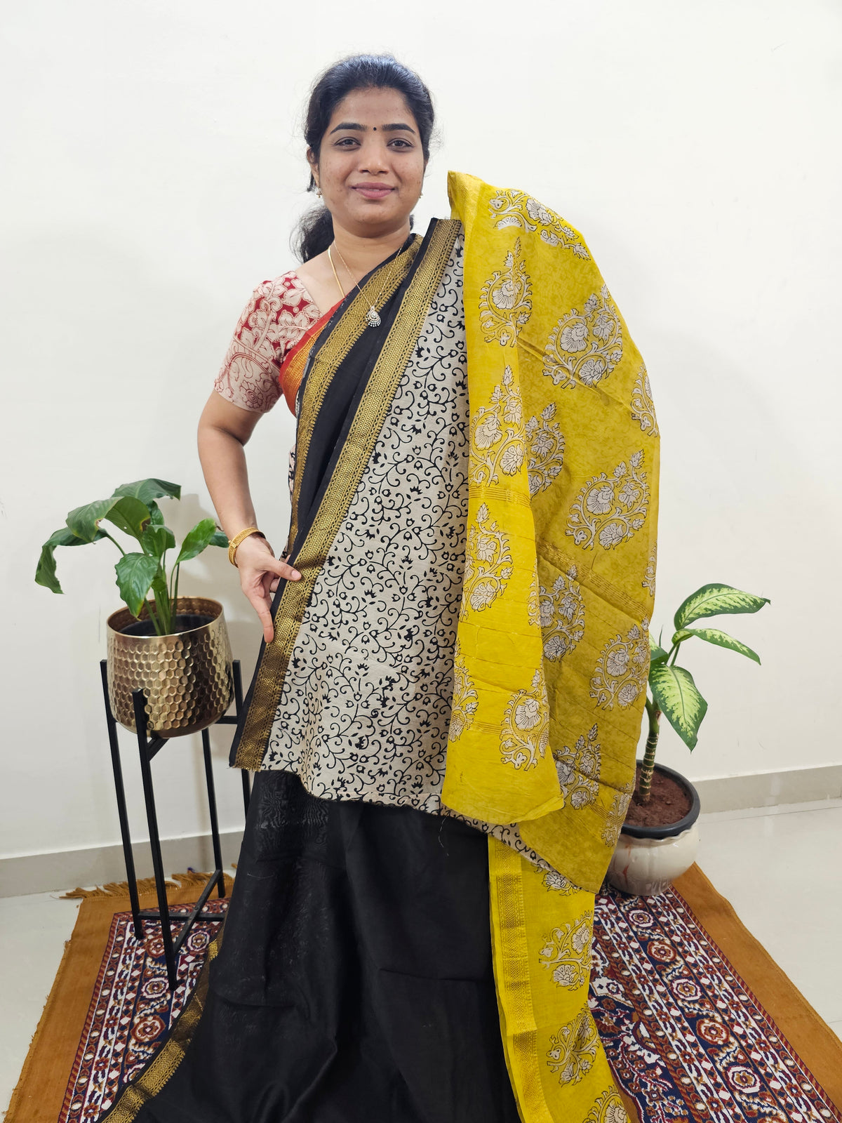 Maheshwari Silk Cotton Hand Block Printed Saree - Black with Yellow