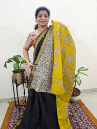 Maheshwari Silk Cotton Hand Block Printed Saree - Black with Yellow