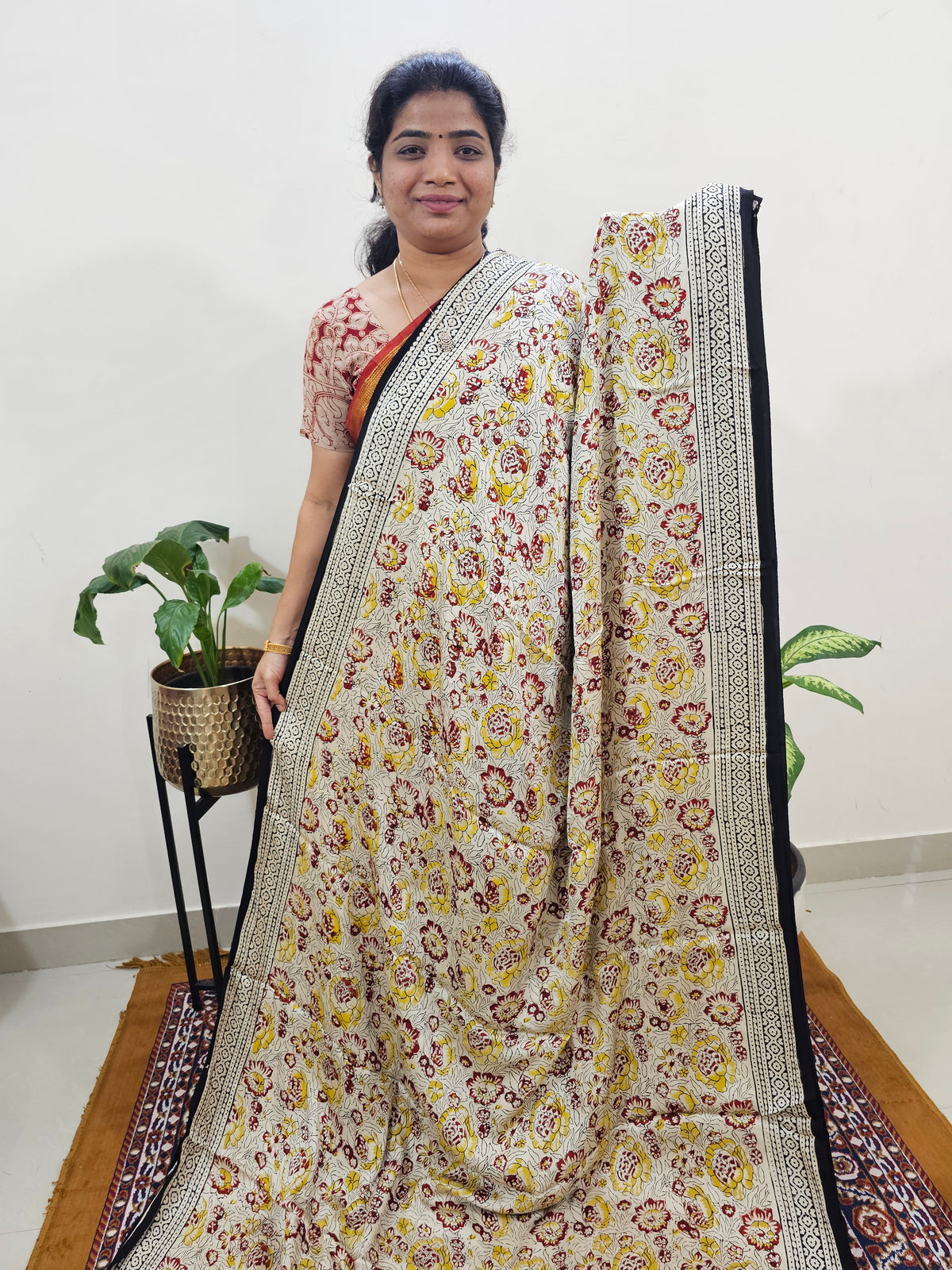 Modal Silk Saree Hand Block Prints - Cream with Yellow