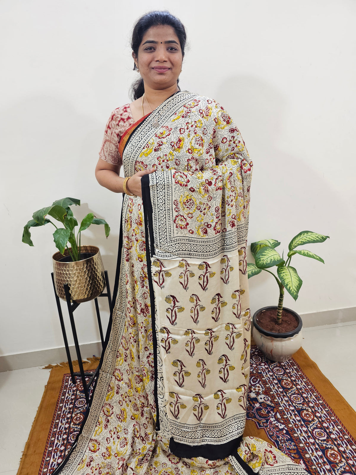 Modal Silk Saree Hand Block Prints - Cream with Yellow