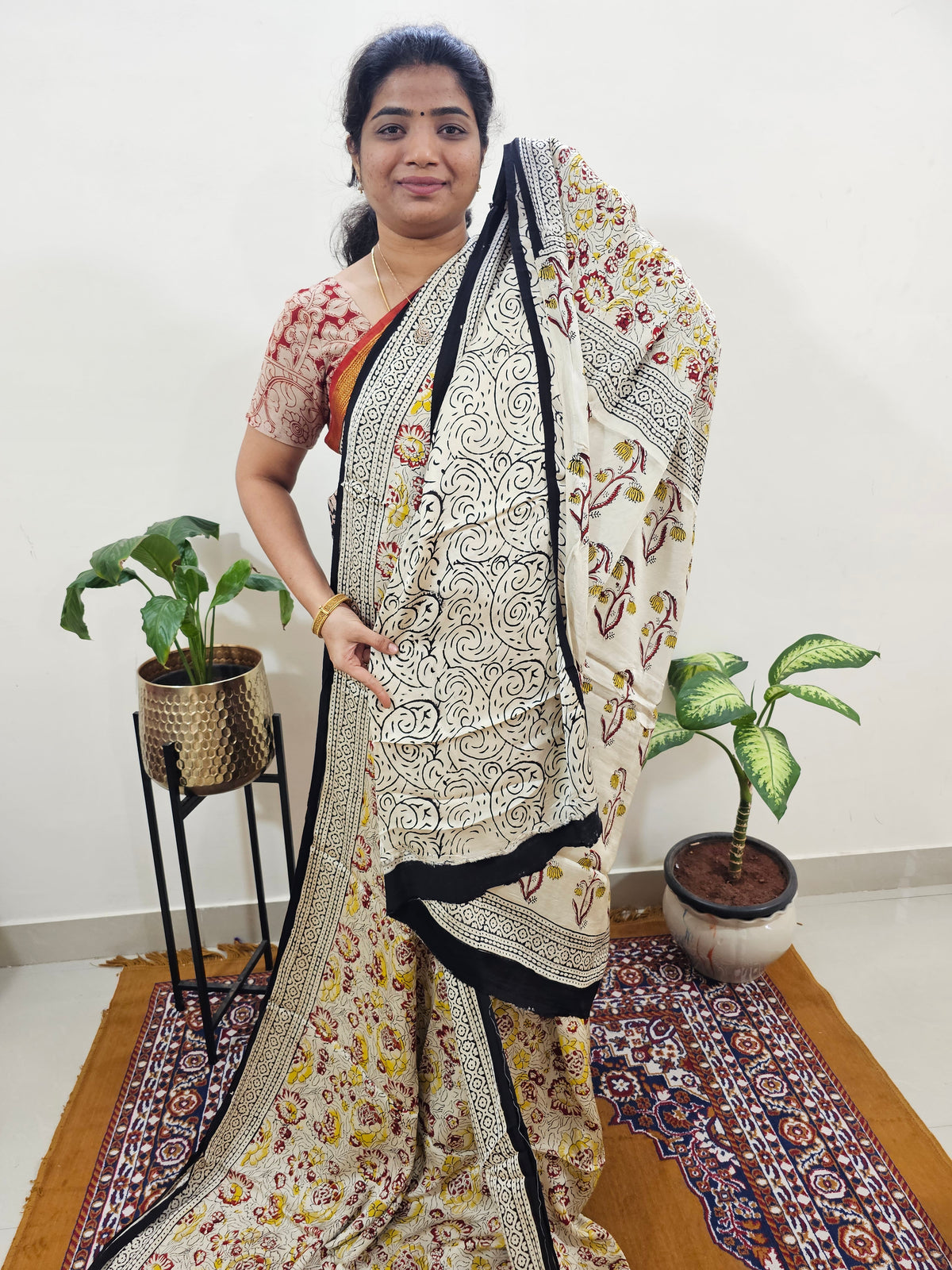 Modal Silk Saree Hand Block Prints - Cream with Yellow