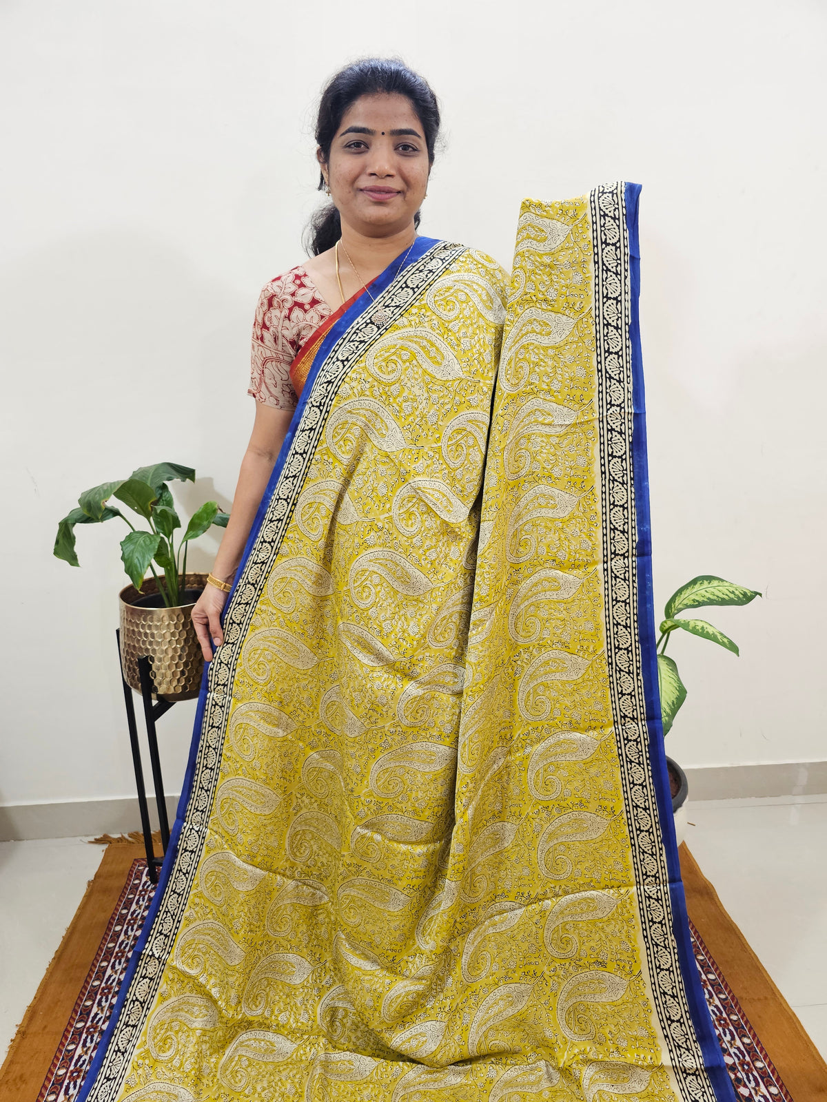 Modal Silk Saree Hand Block Prints - Yellow with Blue
