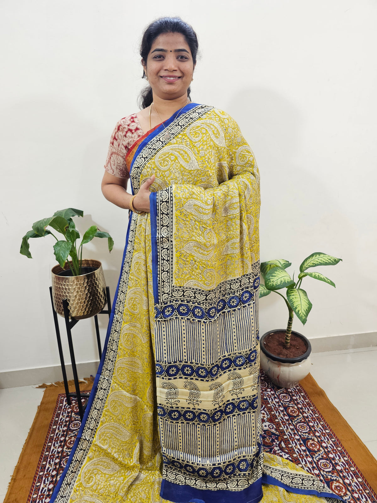 Modal Silk Saree Hand Block Prints - Yellow with Blue
