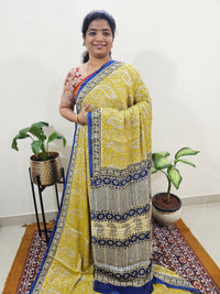 Modal Silk Saree Hand Block Prints - Yellow with Blue
