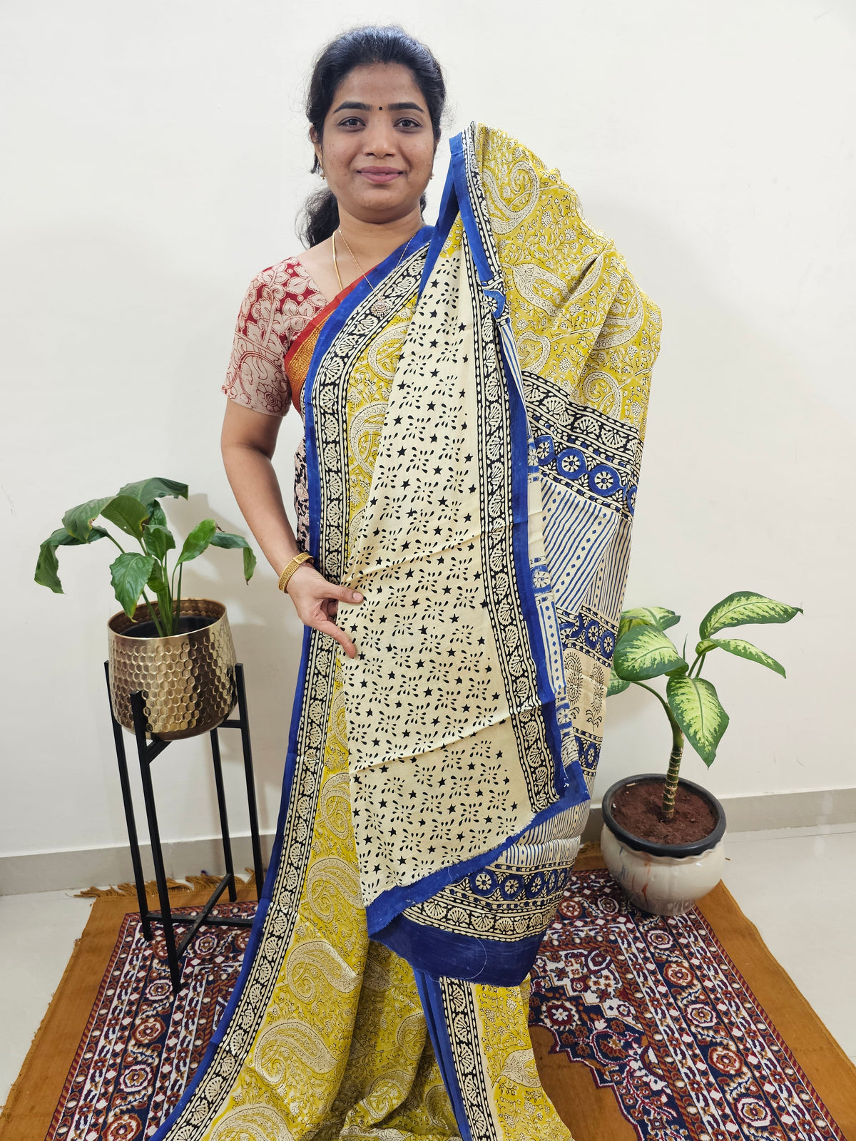 Modal Silk Saree Hand Block Prints - Yellow with Blue