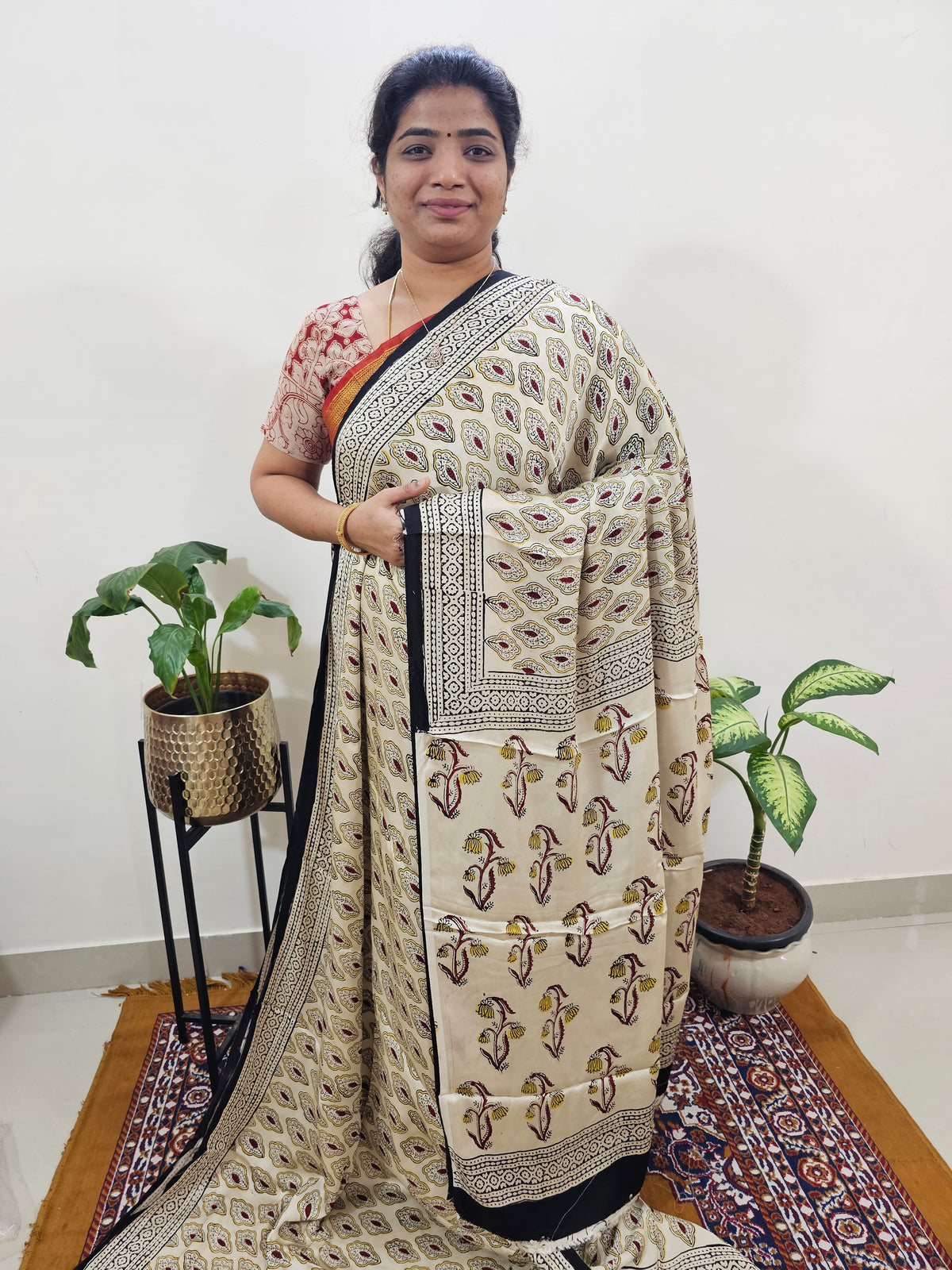 Modal Silk Saree Hand Block Prints - Cream