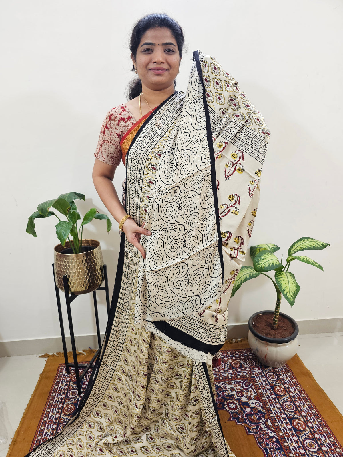 Modal Silk Saree Hand Block Prints - Cream