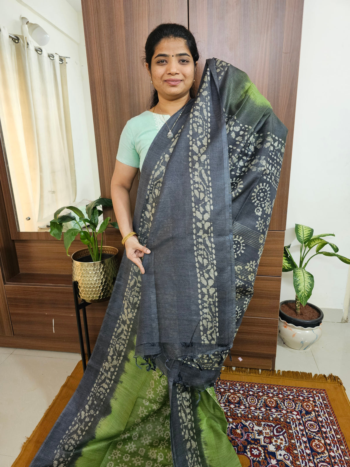 Bhagalpuri with Batik Print - Green with Grey