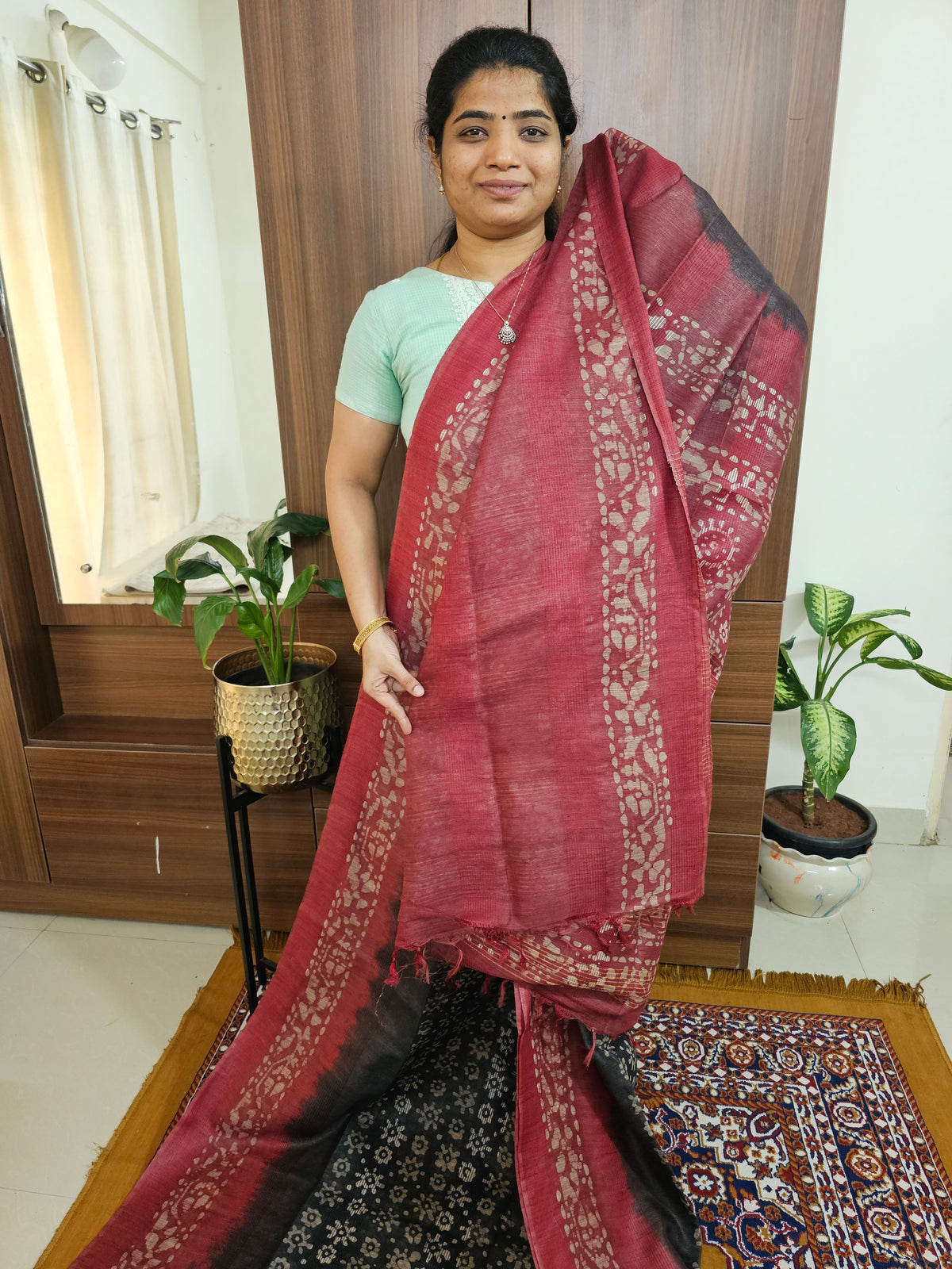 Bhagalpuri with Batik Print - Grey with Maroon